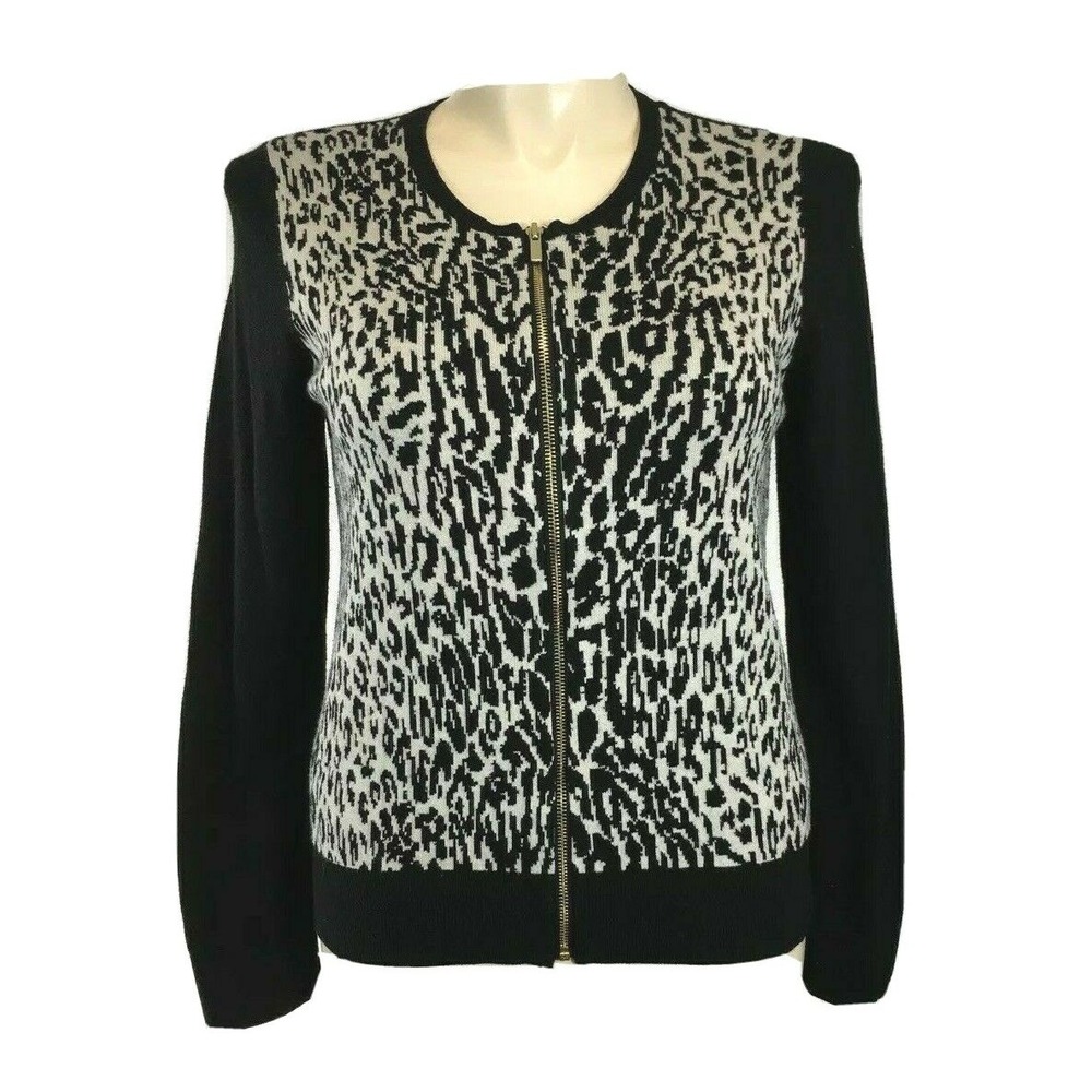 Ann Taylor Cardigan LARGE Black Beige Animal Print Sweater Gold Zipper‎ Washable